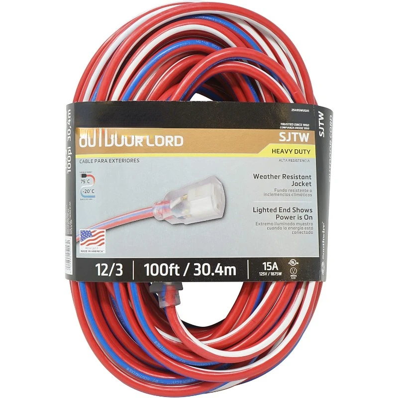 

Heavy Duty Extension Cord, 100Ft, 12 Gauge, 3 Conductor, Water Resistant Flexible Jacket, SJTW, Red/White/Blue, 2549SWUSA1