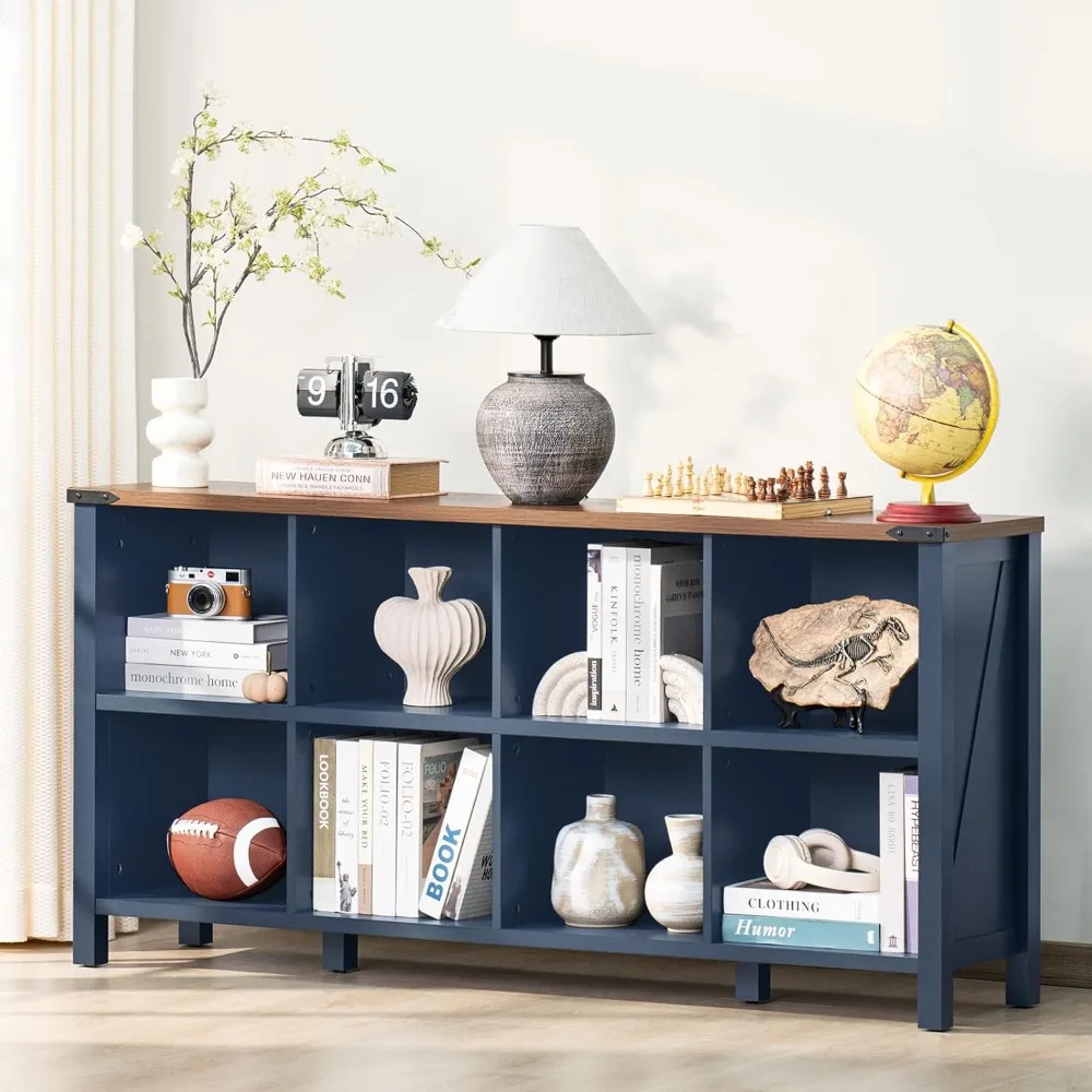 

8 Cube Book Shelf, Farmhouse Wood Long Storage Organizer Bookcase, 62" Horizontal Navy Blue Console Closet Bookshelf, Hallway TV