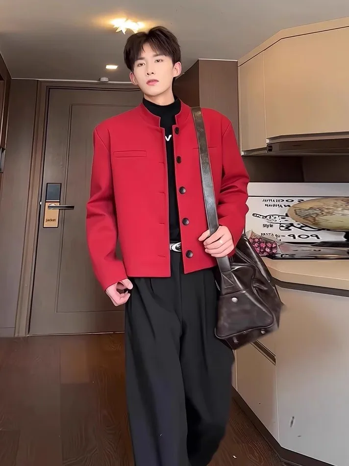 

Ankela Red Woolen Men's Suit Jaet ort Sle Casual Western Clothes Set New Chinese Sle Autumn Spring Season Faionable