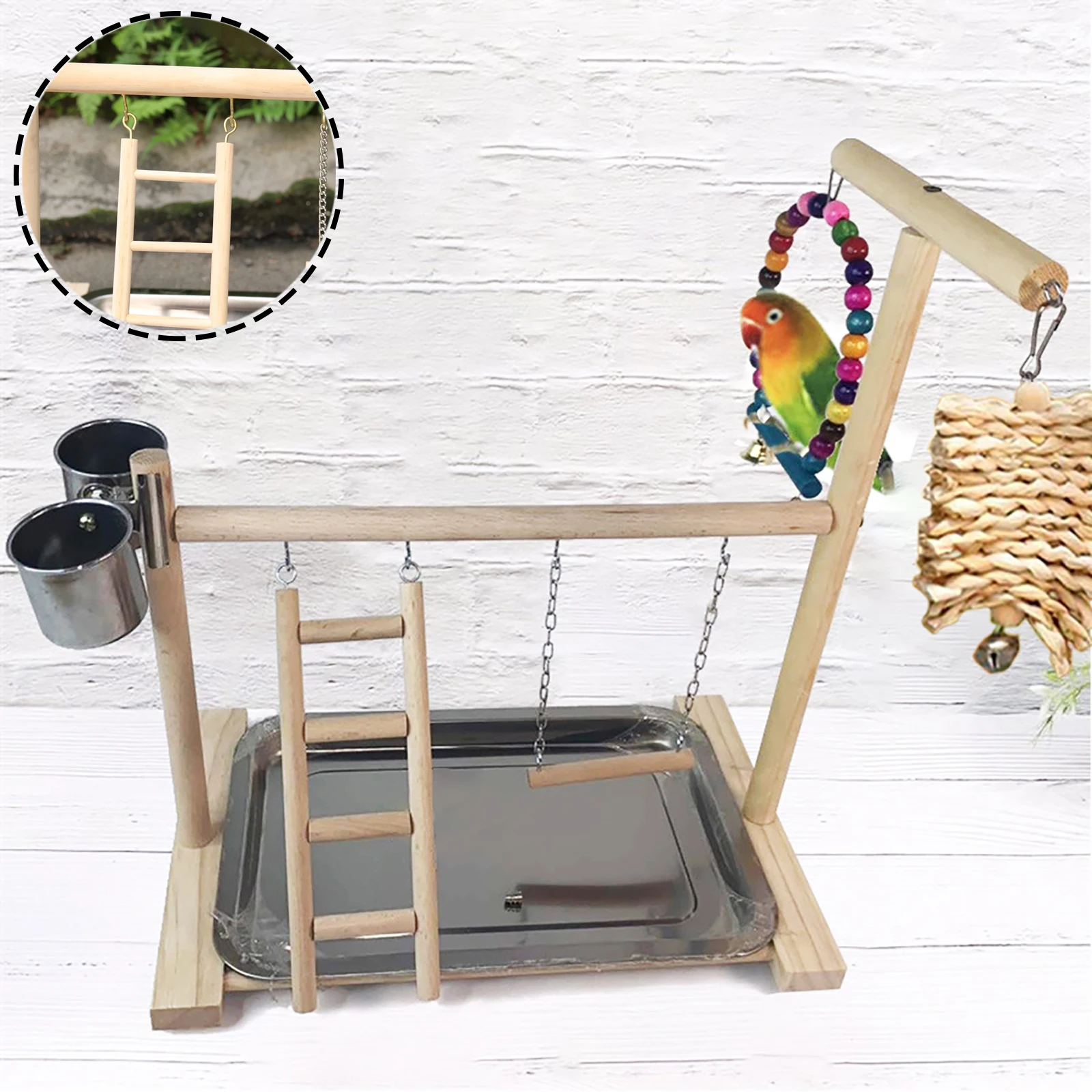 

Bird Playground Perch Stand Stick Solid Wood Parrot Stand Feeding Water And Feeding Platform Toys For Birds Accessories