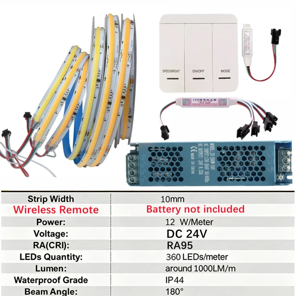 5m-40m DC24V WS2811 IC COB LED Strip 360LEDs/m Addressable Running Water Flowing Light with Wireless Controller Power Supply Kit view 6