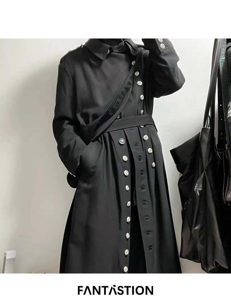 

FANTASTION Silver-buttoned double-layer coat casual jackets long trench coat autumn and winter daily