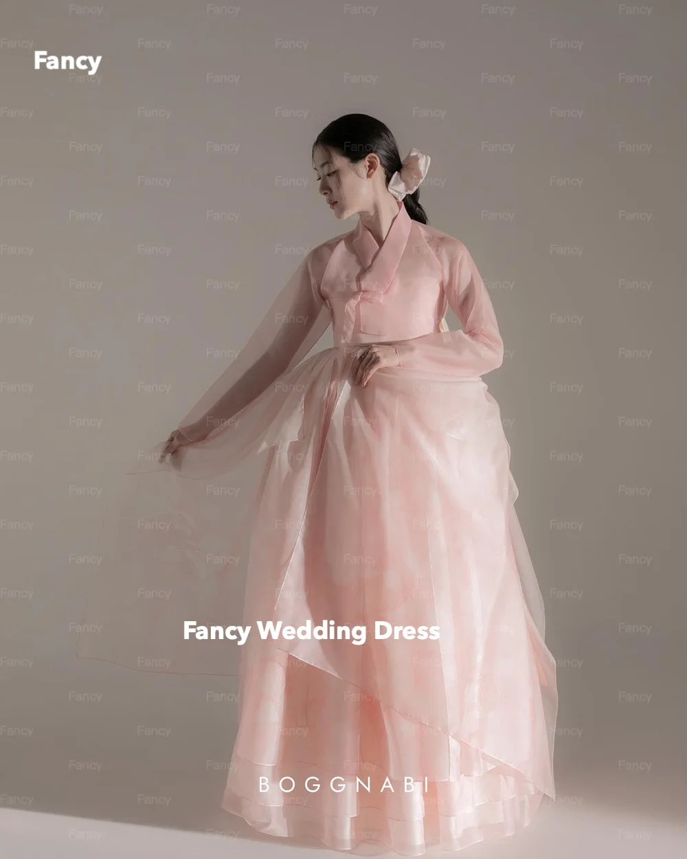 Fancy Elegant Pink Hanbok Wedding Dress Long Sleeve A Line Bridal Party Gown Organza Back Zip 2 Pcs 웨딩드레스 customized