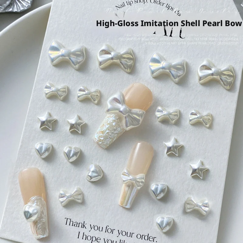 YYM 3/5PCS 3D Heart Bow Nail Charms Iridescent Imitation Shell Pearl Bowknot Flat Back Nail Art Decorations For DIY Manicure