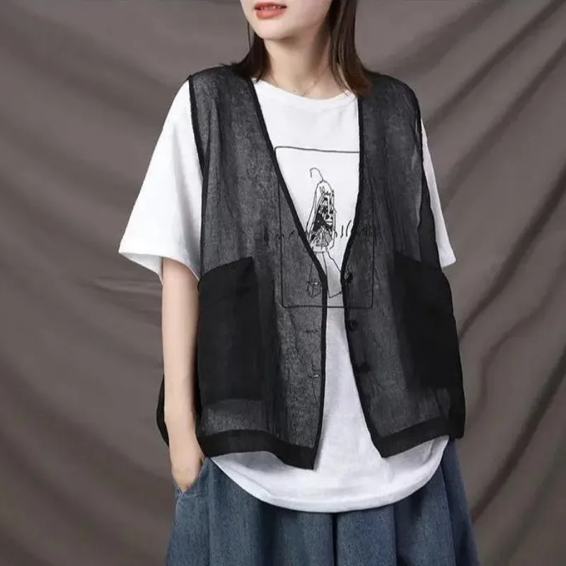 Vests Women Transparent V-neck Solid Thin Summer Sleeveless Ins Feminine Outwear Vintage Korean Style Casual Clothes Breathable
