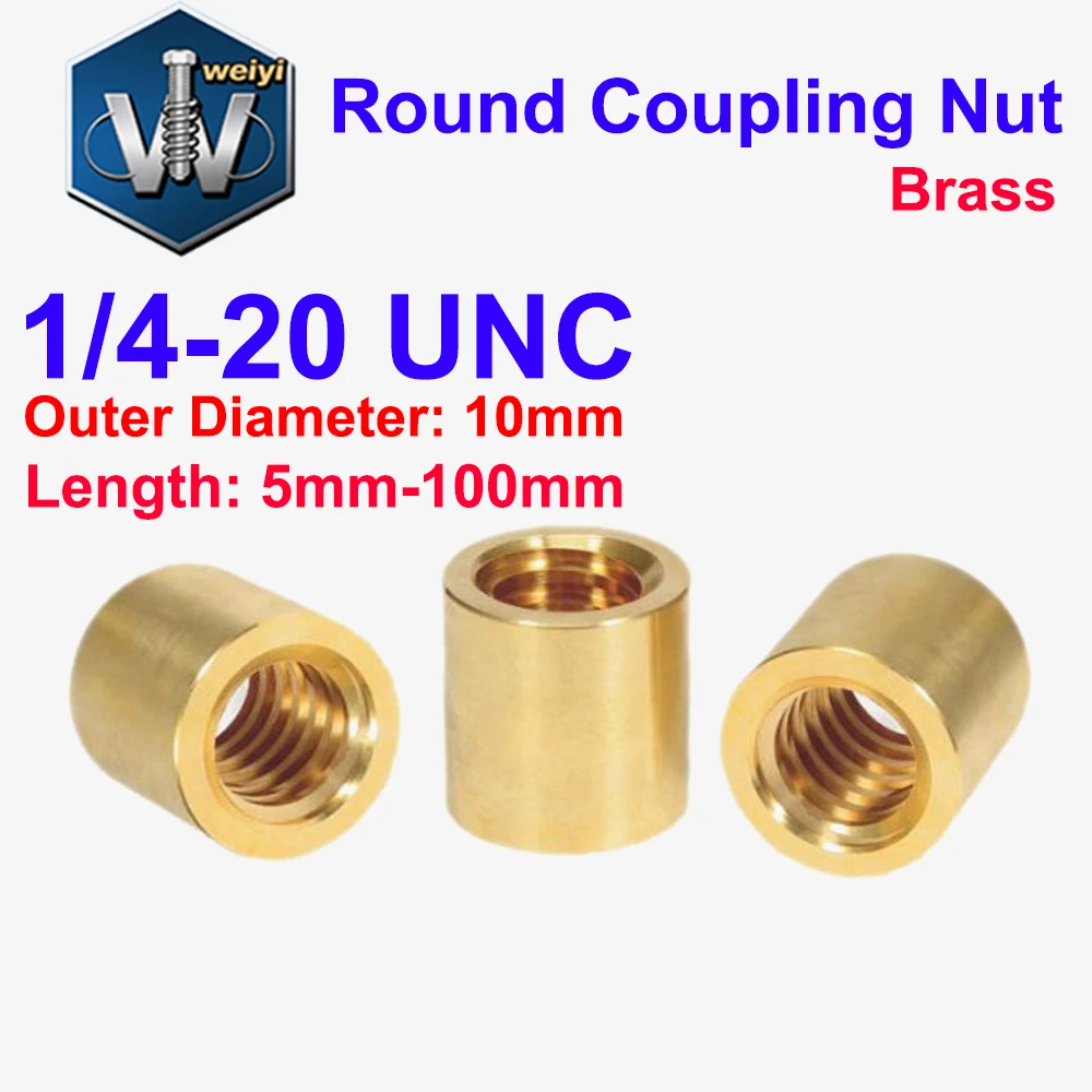 Weiyi Coupling Nut 1/4-20 UNC Brass Extend Long Lengthen Round Connector Joint Sleeve Nuts Copper Round Tubular Nut