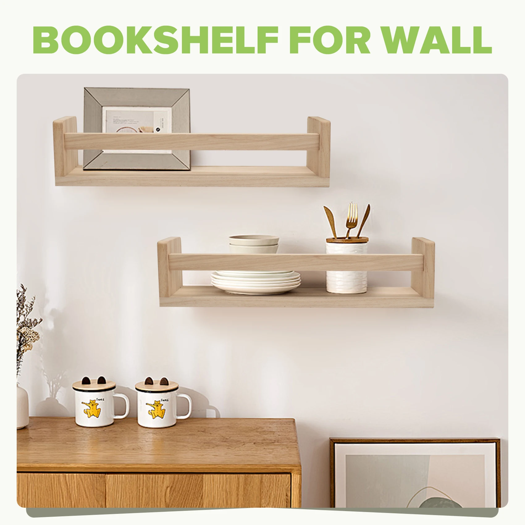 B84B 2Pcs Natural Wood Floating Wall Bookshelf for Kids, 42x9x10cm Nursery Shelves for Wall, Bathroom Decor Kitchen Spice Rack