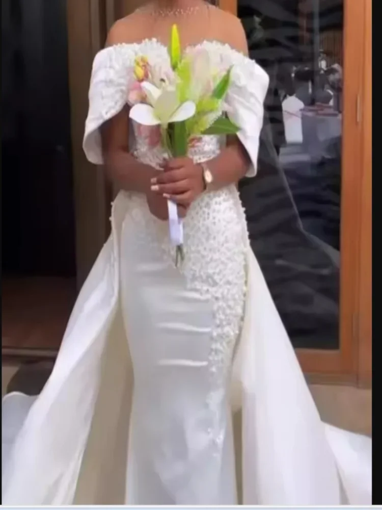 Customized  Off The Shoulder Robe De Mariée Wedding Dress with Removable Skirt Lace Appliques Modest  Bridal Dress