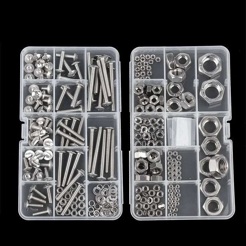 304 Stainless Steel Cross Phillips Round / Flat / Truss Head / Hex Socket Cap Head Screw Bolt Nuts Washers Set Assortment Kit
