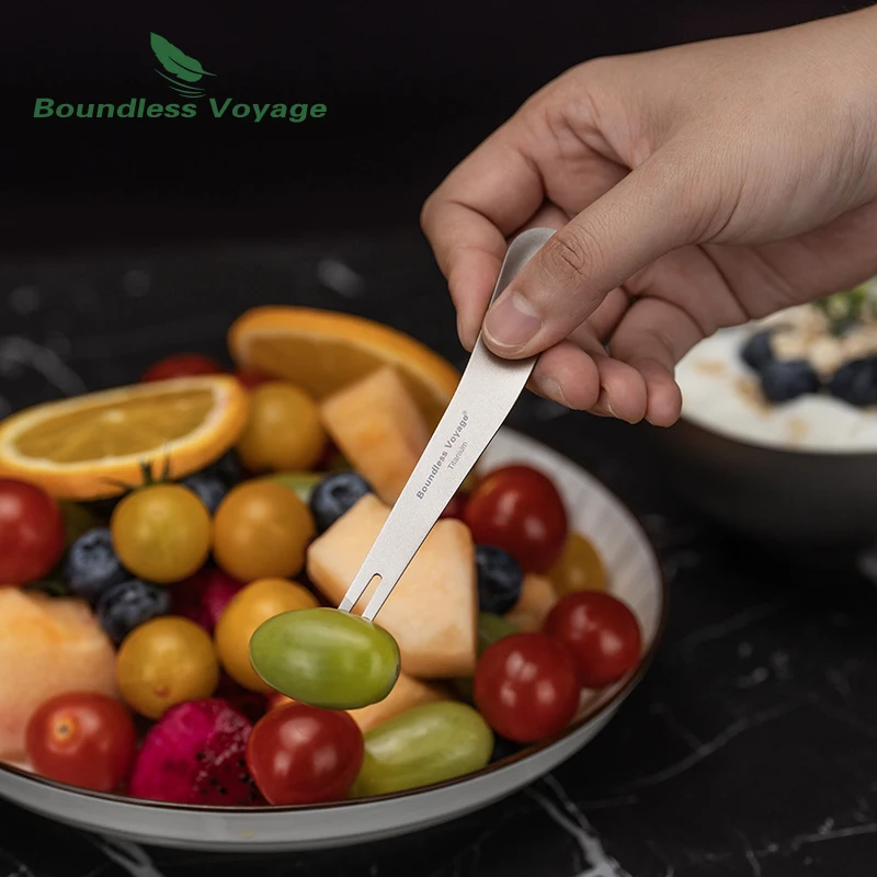 

Boundless Voyage Titanium Spoon & Fruit Fork Set 2-in-1 for Ice Cream 5-Piece Durable Portable Dual-Use Dessert Utensils