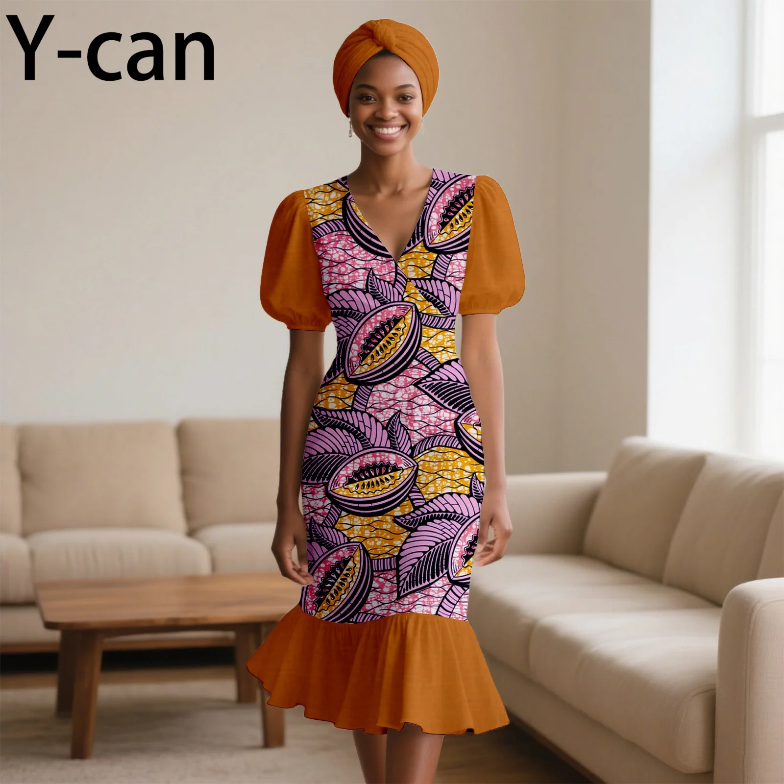 

Африканские платья для женщин, v-образный вырез, короткий рукав, лоскутное платье с принтом Анкары, платья с рюшами и платком, платья для вечеринки 2525172