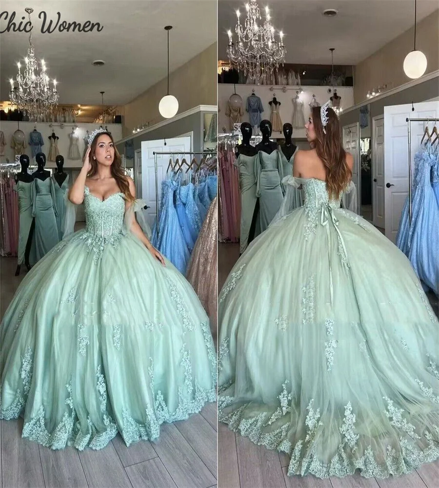 Elegante grüne Quince anera Kleider Schatz Spitze Applikationen Ballkleid Ballkleid Korsett Applikationen Party Vestido de 15 Anos