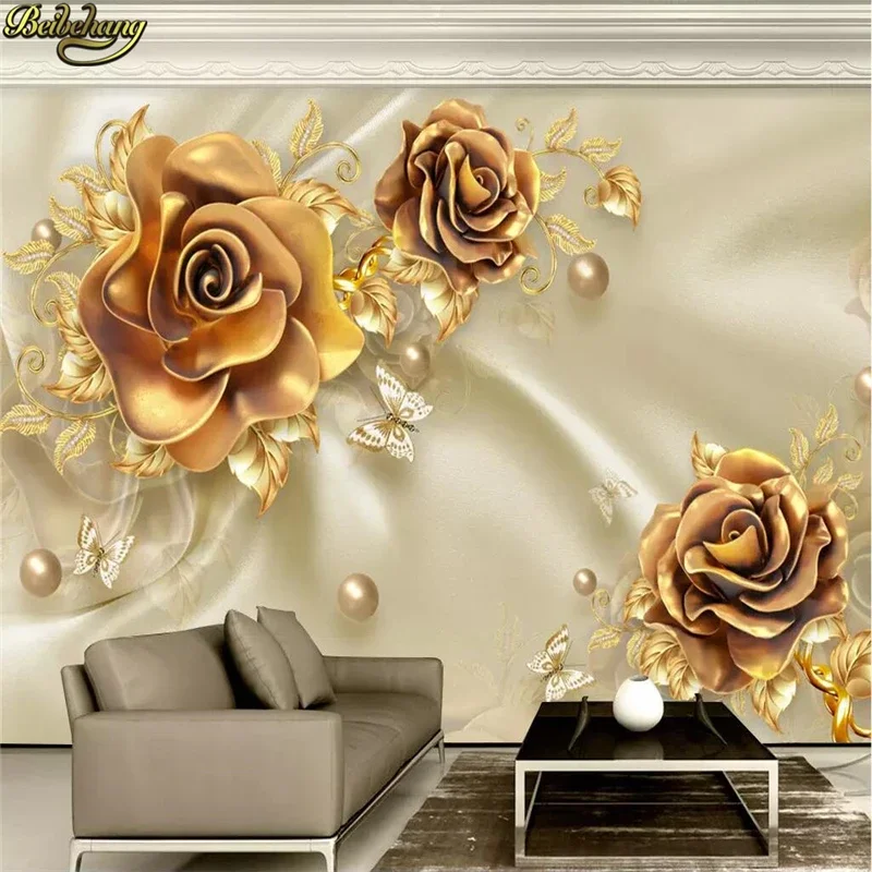 Custom papel de parede 3D Luxury gold jewels silk 3d flooring wallpaper background murals wall paper Stickers home improvement