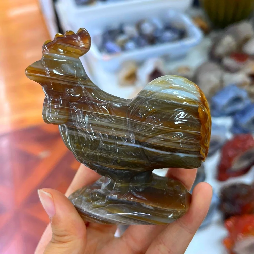 1PC Natural Agate Cock Hand-carved Figurine Healing Gemstone Crystal Statue Carving Gift Animal Sculpture Geode Fossil Stone