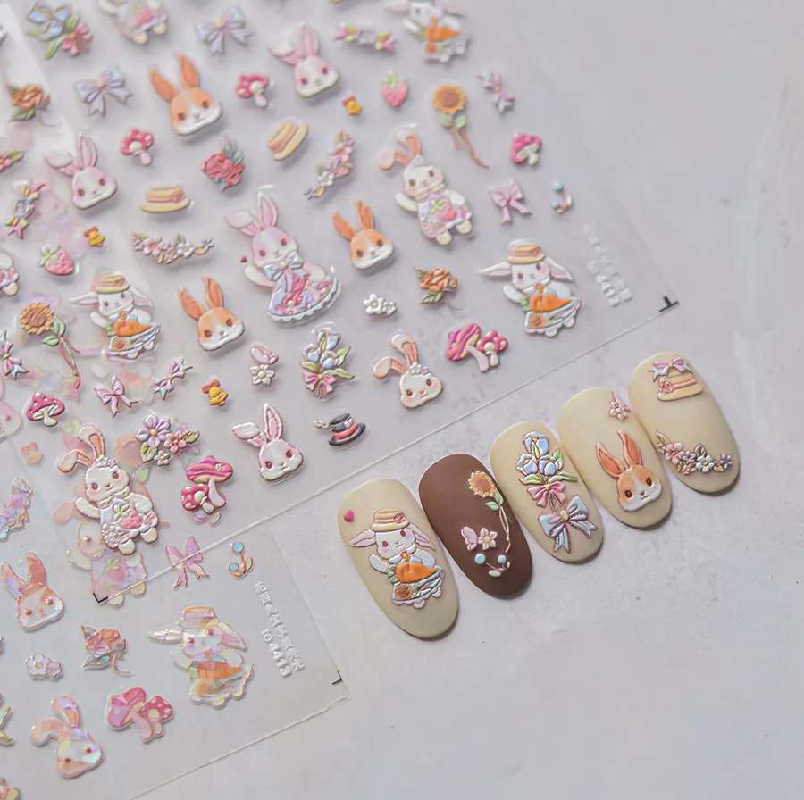 Pink Cartoon Rabbit Nail Stickers Butterfly Carrot Flowers Mushroom Pattern Self Adhesive Nail Stickers DIY Nail Art Decorations