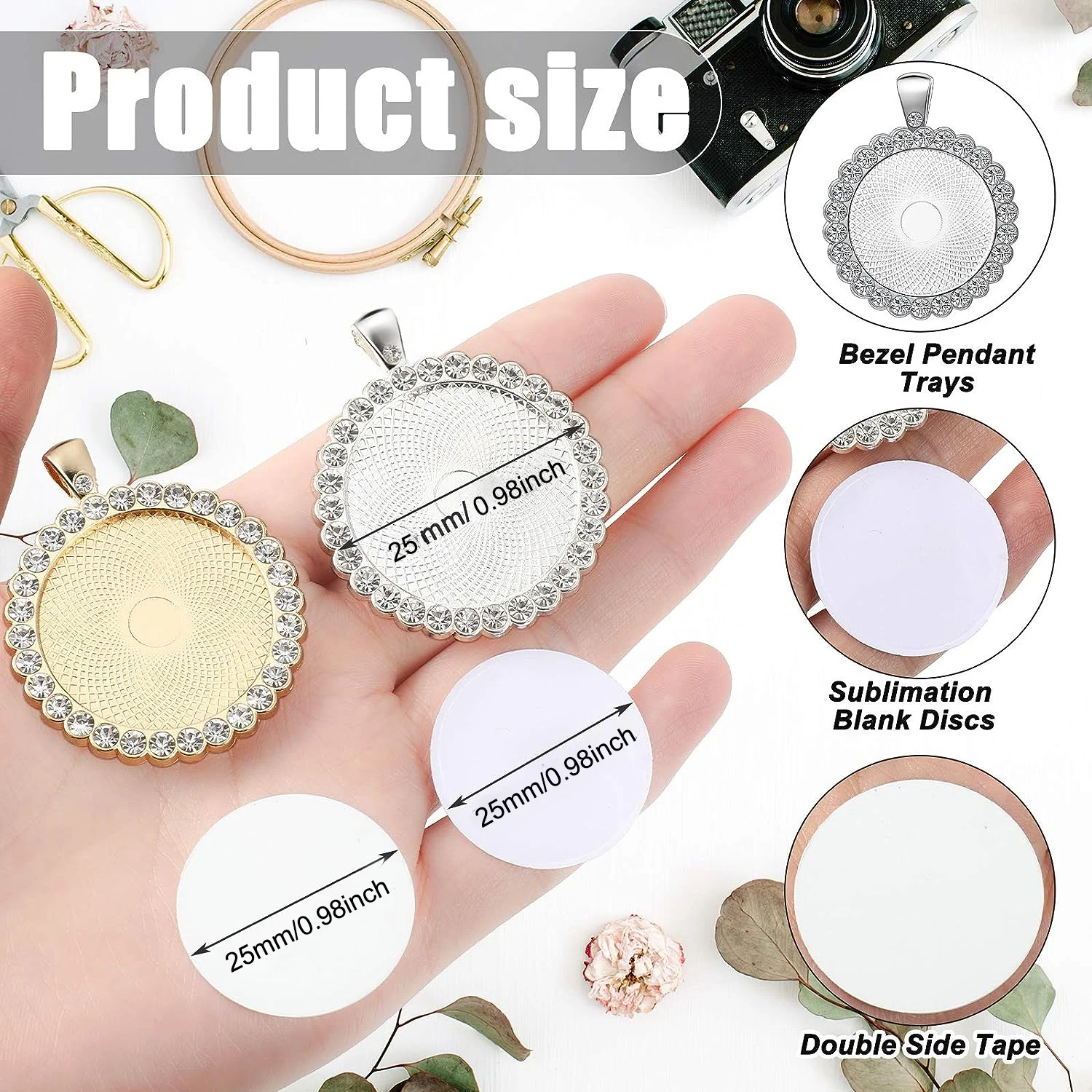 10 pack Sublimation Rhinestone Bezel Pendant Trays Cabochons Bezels Pendant with Sublimation Blank Disc and Double Side Tape