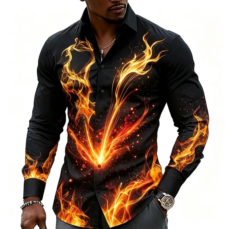 Men's Fiery Flame Graphic Print Long Sleeve Shirt Lapel Collar Button‑Up Tops For Nightclub Festival Street Casual Outfit