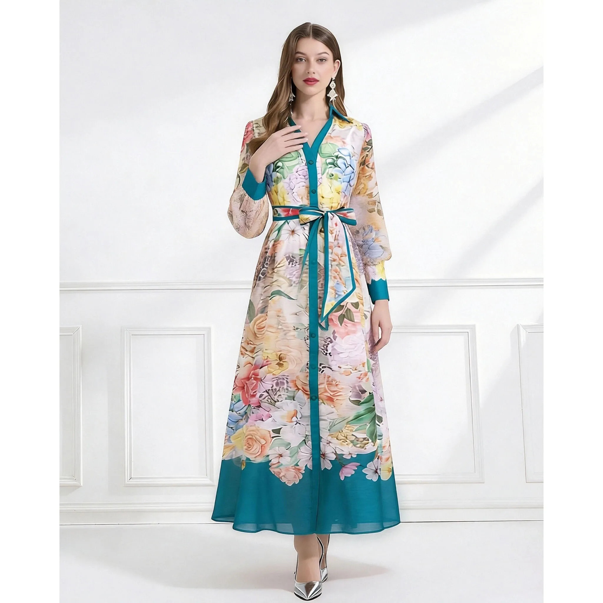 

Women's V-Neck Long Sleeve Beach Dress Romantic Flower Print Maxi Robe with Belt Lace up Detail New Spring Holiday Style
