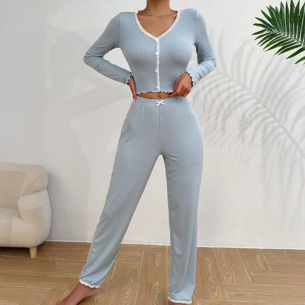 Stylish Pajama Set Elegant Lace Trim Pajama Sets for Women Ribbed Knit Crop Top Wide Leg Pants Lounge Set for Autumn for Women