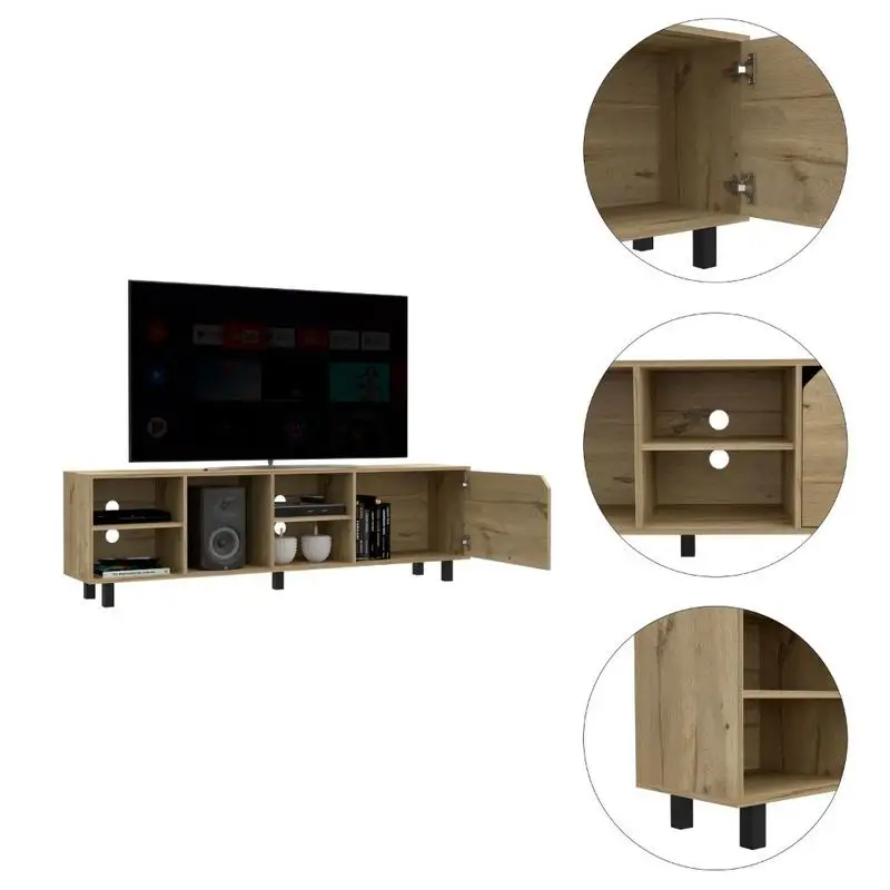 Supporto TV Conquest per TV fino a 70 pollici, 4 ripiani aperti, 5 gambe, finitura rovere chiaro, design moderno, mobili salvaspazio per