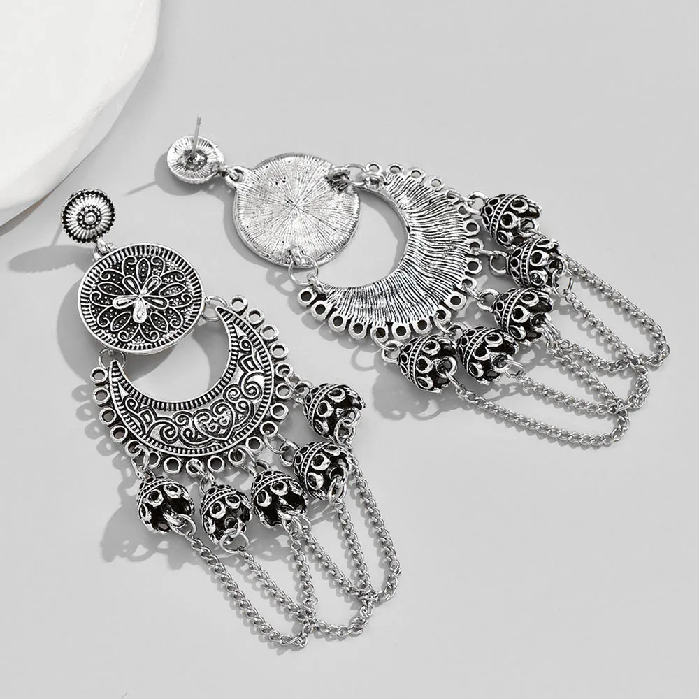 Bohemian Crystal Tassel Bell Pendant Earrings For Women Retro National Ethnic Tribal Luxury Jewelry Ear Accessory Female Gift