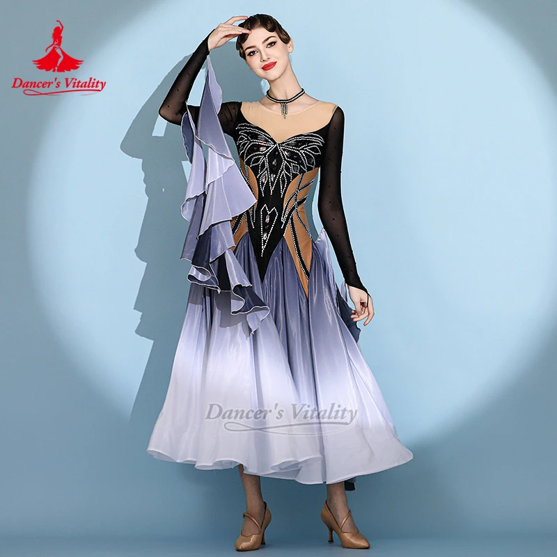 Black and White Gradient Color Social Dance Professional Dress Adult Waltz Tango Clothing Size Can Be Custom Dancer's Vitality