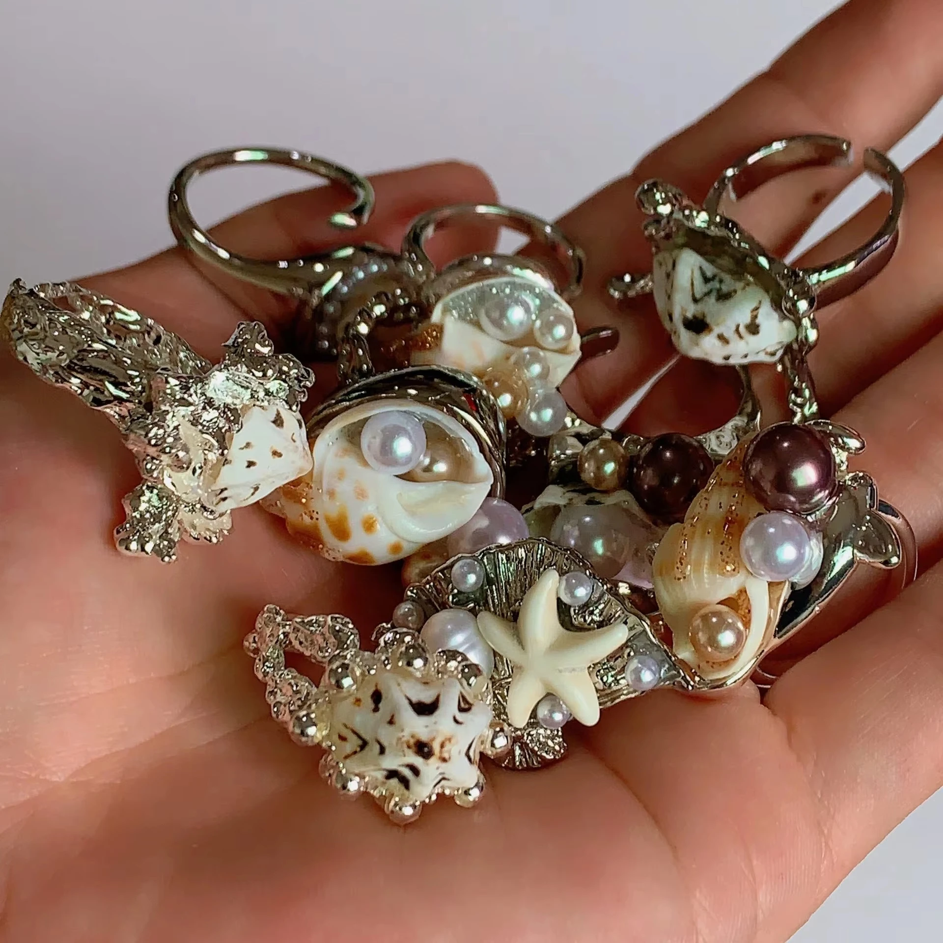 Trendy Summer Ocean Vacation Style Handmade Inlaid Pearl Shell Starfish Open Rings for Women Bohemian Versatile Jewelry Gifts