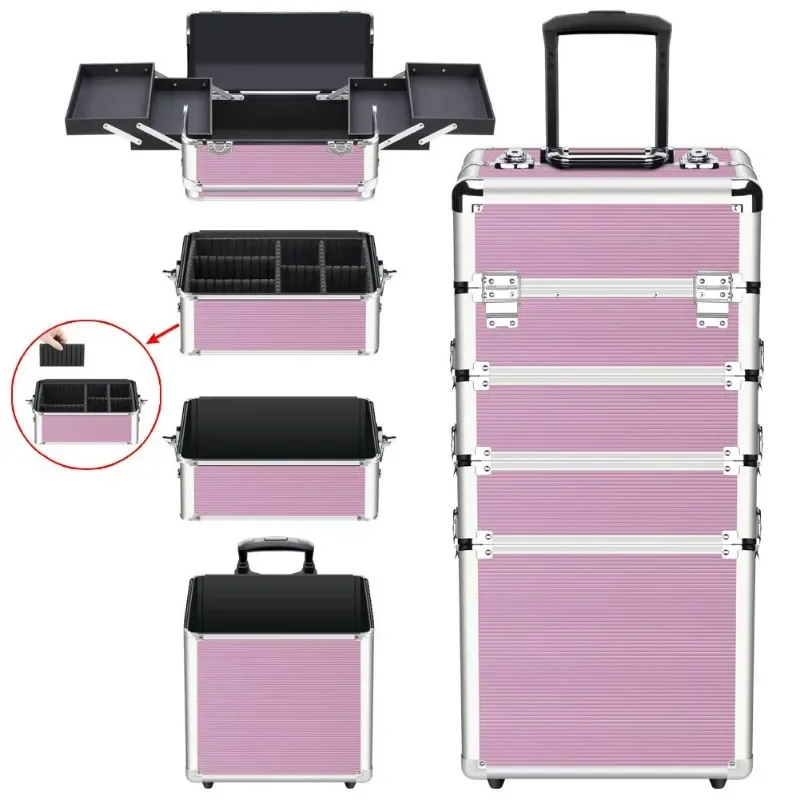 Makeup Train Case 4 in 1 Professional Cosmetics Rolling Organizer Aluminum Frame and Folding Trays Pink