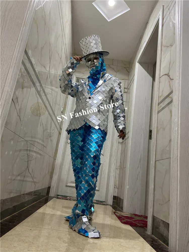 Q19 Ballroom dance stage costumes silver mirror men suit mirror glass outfits party wears singer jacket mirror coat disco show