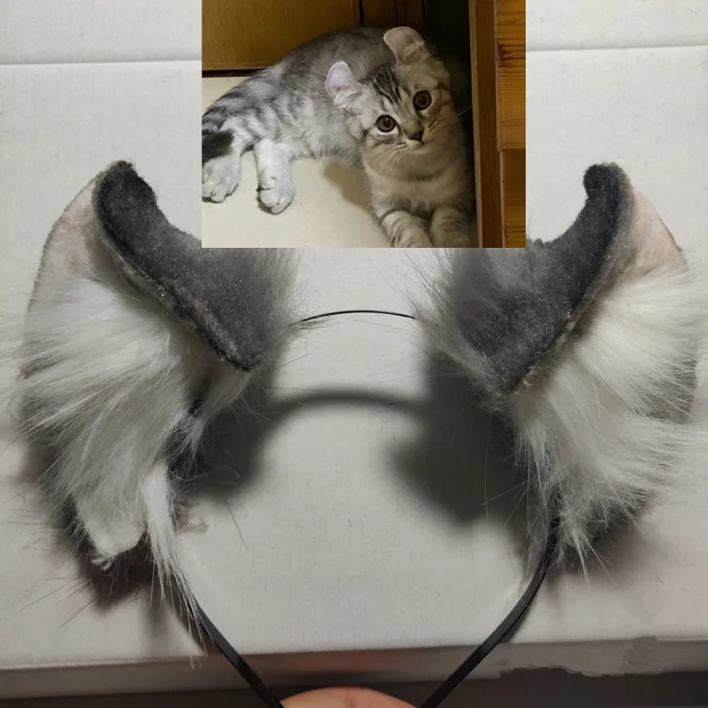 

New Handmade Gray White Cat Curl Ears Hairhoop Headwear For KC Lolita Cosplay Costume Accessories