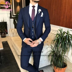 Classic Groom Wedding Peaked Lapel Suits For Men Slim Fit 3 Piece Jacket Vest Pants Set Male Business Blazer Formal Prom Tuxedo