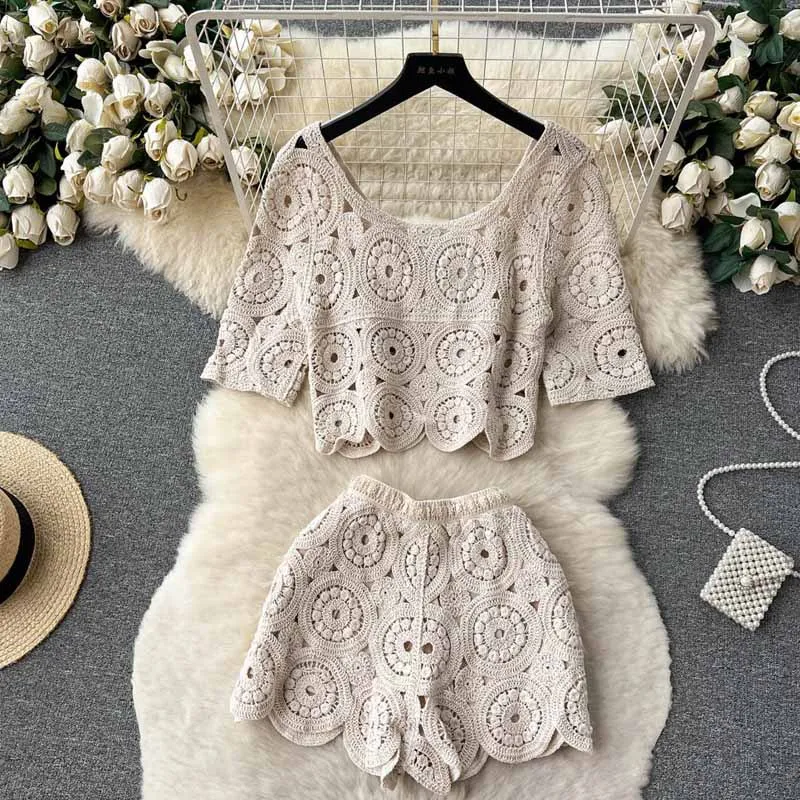 2024 Summer Thin Loose Knitted -Sleeved Shirt Crocheted Hollow Out Short Pants Bohemian Vacation Suit Women