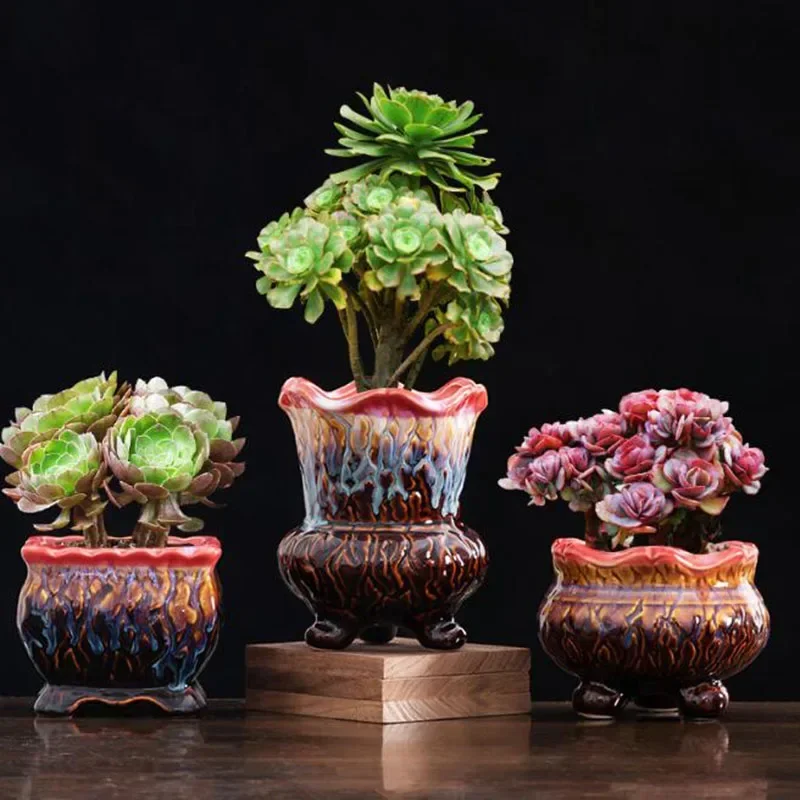 Creative Glazed Flowerpot Succulent Plant Pot Bonsai Pot Green Plant Breathable Vase Desktop Ornaments Home Garden Decor
