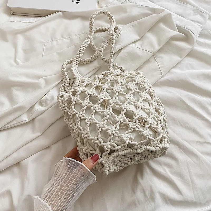 Summer Straw Bucket Bags For Women Handmade Drawstring Beach Shoulder Bags Raffia Rattan Woven Handbags Vacation Shopping Bags