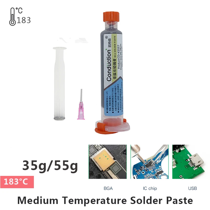 

Melting Point 183℃ Syringe Solder Tin Paste Needle Tube Tin Soldering Paste Flux For IC PCB BGA Cellphone Repairing 35/55g