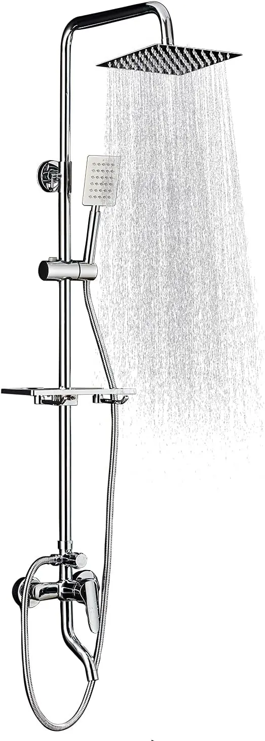 Stainless Steel Silver Shower faucet Set Wall Mount Triple Function Shower System 8 inches Shower Head Adjustable Hand Spray