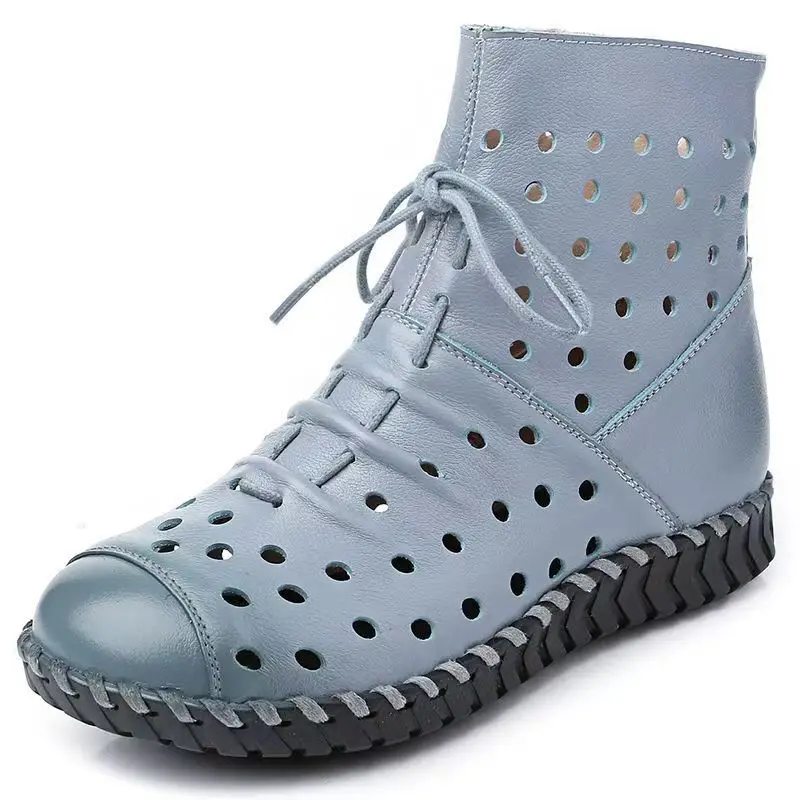 

Women Genuine Leather Big Size Flat Sole Cave Ankle Boot Spring Summer New Soft Sole Breathable High Top Zippers Cool Boots