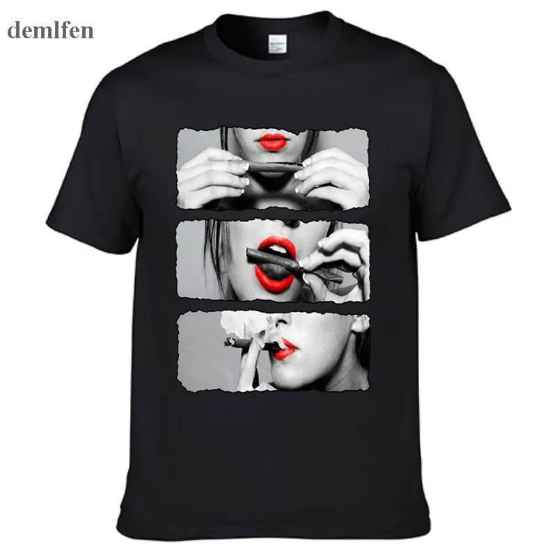 Blunt Roll Red Lips Sexy Girls Men T Shirt Harajuku Cotton Casual Funny T-Shirt Mens Brand Clothing Tshirt Homme Tops Tees