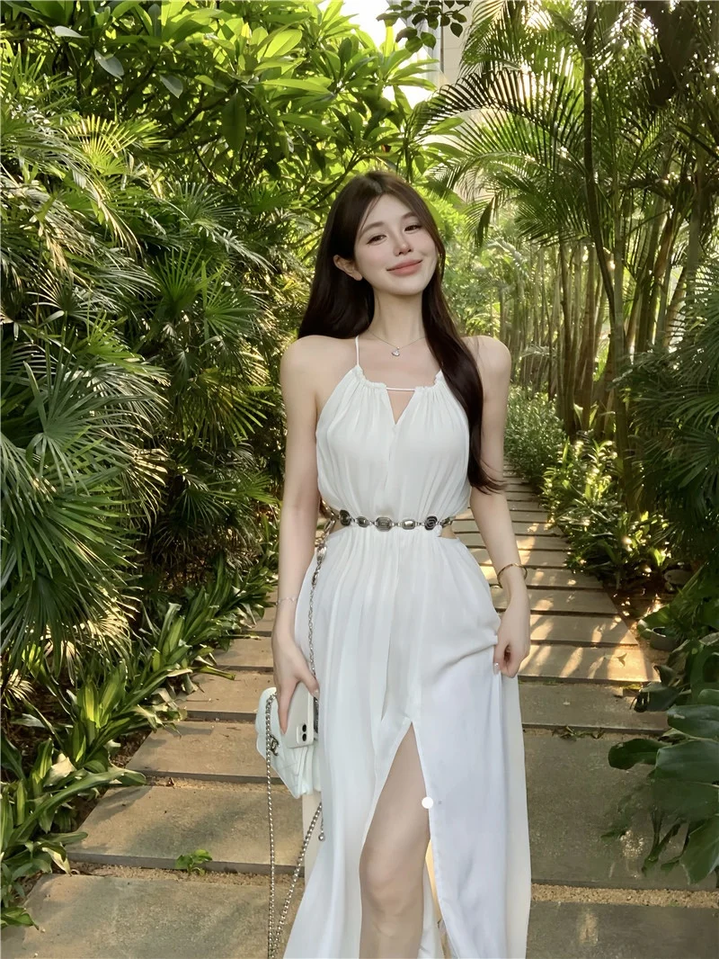 

Белое платье Svel Neline Dr Fairy Winter Beach Vaion Sle Юбка с завязками на талии и разрезом Длинное платье трапециевидной формы Повседневная брендовая юбка...