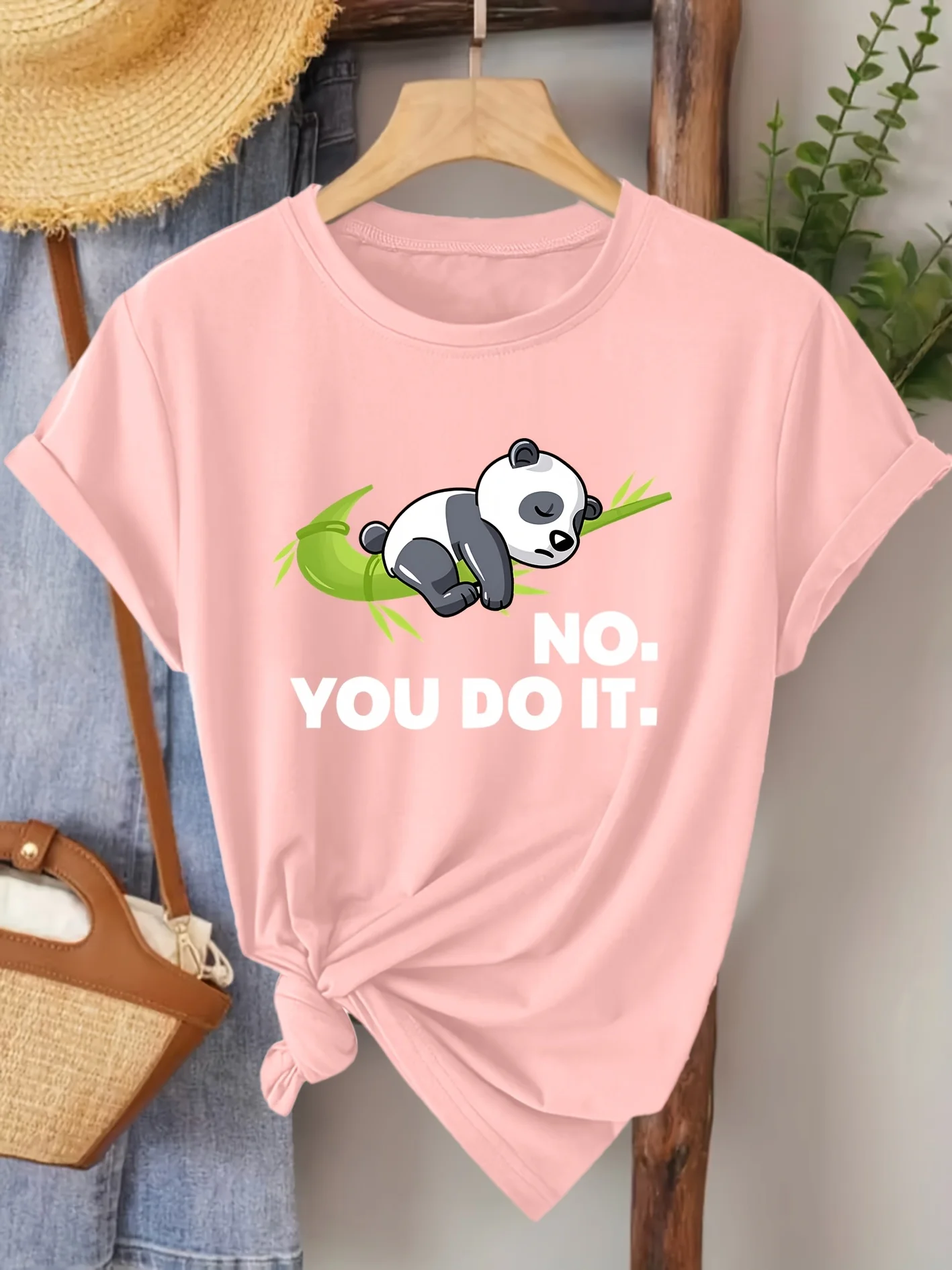 Ladies' Summer Clothing Lazy Panda NO YOU DO IT Fun Printed Round Neck T-shirt Fashionable Vacation Daily Fashion Retro Top
