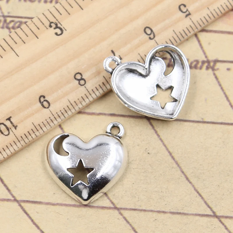 10pcs Charms Heart Moon Star Cut 18x19mm Antique Silver Color Pendants DIY Making Handmade Finding Tibetan Jewelry