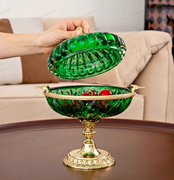 Pure Copper Ornament Crystal Glass Tall Fruit Plate European American French Home Handicrafts Living Room Model Room Guo Lou
