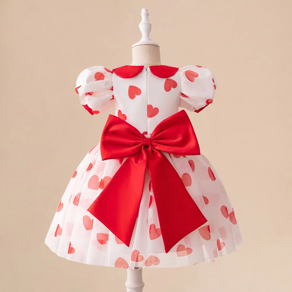 Puff Sleeve Red Love Party Girls Dress Big Bow Tulle Birthday Wedding Princess Kids Dresses for Girl Bridemaid Children Clothing