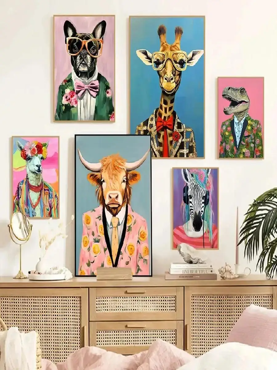 1pc Frameless Abstract Fashion Animal Wall Art  Tigers Giraffe Zebra Funny Poster Print  Club Wall Decor  Illustrated Canvas Pai