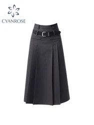 Women Grey Skirts Vintage High Waist Pleated Long Skirt Female 2022 Autumn Japanese Fashion A-Line Skirt College Style Harajuku