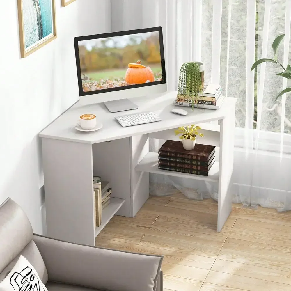 Corner Computer Desk Triangle Writing Workstation W Storage Shelf