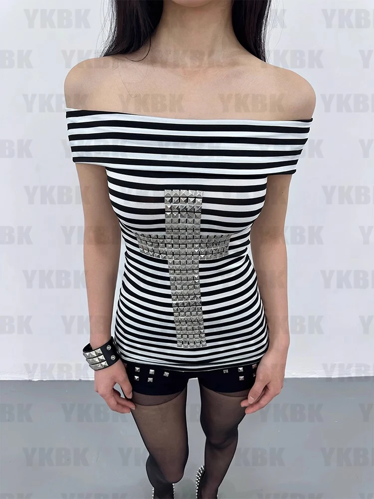 Y2K Harajuku القوطية تي شيرت أسود أبيض شريط الصليب المياه الماس المطبوعة القمم الرجعية القوطية مثير سليم صالح هوتي امرأة الملابس #1