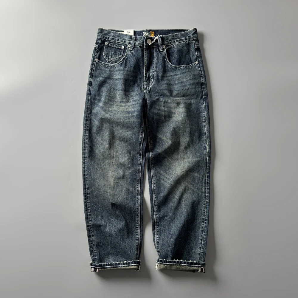 

Indigo Dye Color Lo J42 Retro Straight Leg Spring Autumn New Jeans Casual Waed Outdated Trendy Long Trousers