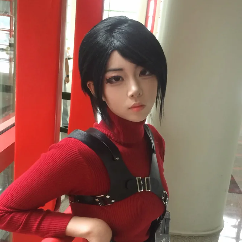 Game Ada Wong Cosplay Wig Women Black Short Hair Heat Resistant Synthetic Full Wig Halloween Prop