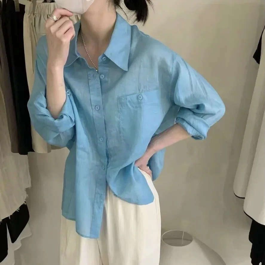 

East Gate Ultra-Light Blue Cotton Linen Loose Long Sleeve Lazy Style Sun Protection Collar Shirt Women Casual Style Summer